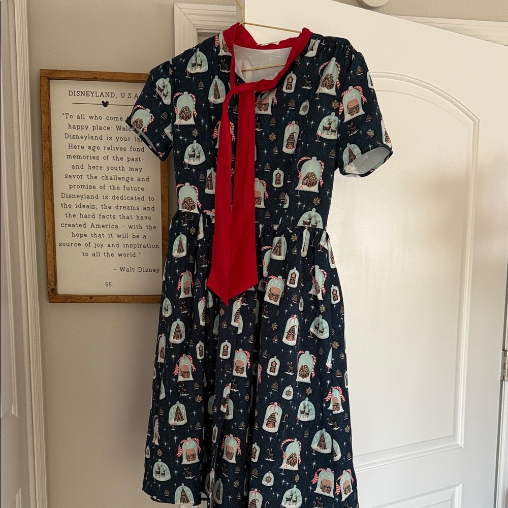 Unique Vintage Navy Holiday dress with gingerbread houses and snowglobes